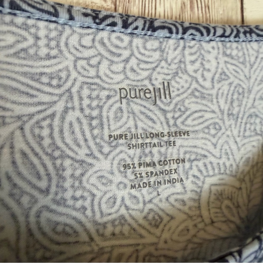 PureJill J. Jill Blue Patterned Pima Cotton Long-Sleeve Shirttail Tee Large - Picture 5 of 6